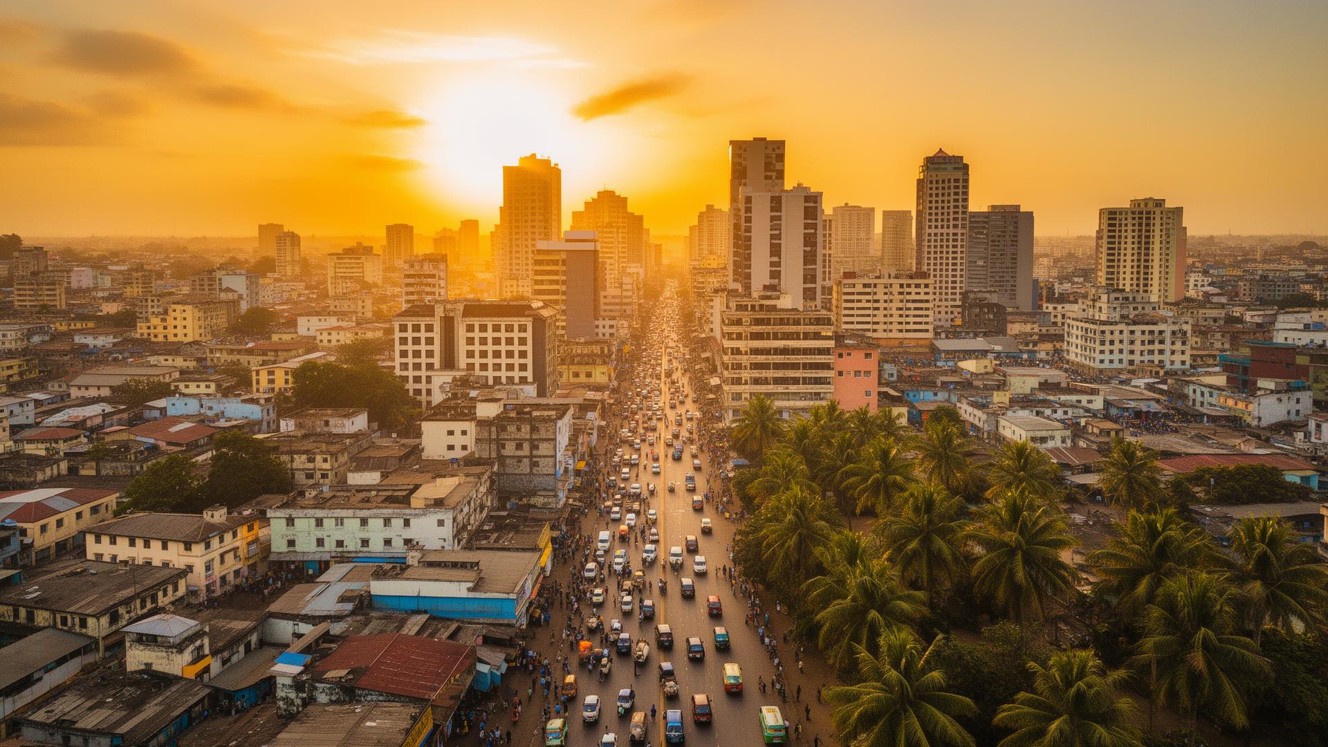 Accra city skyline glowing at golden sunset