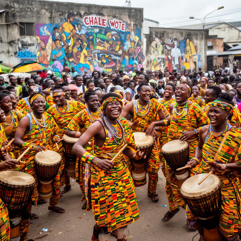 Dancers and drummers in colorful kente cloth at a Ghanaian street festival