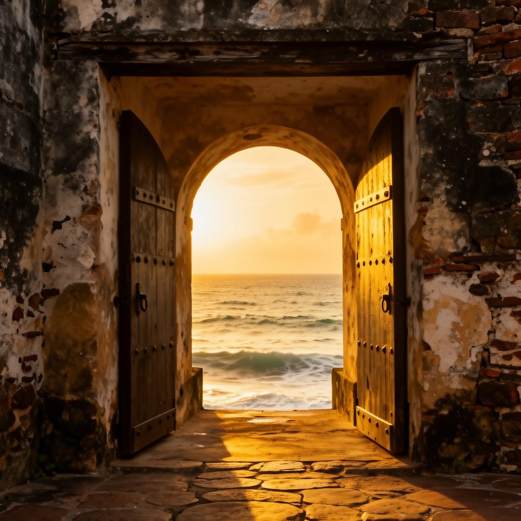 The Door of No Return at Cape Coast Castle opening onto the Atlantic at sunset
