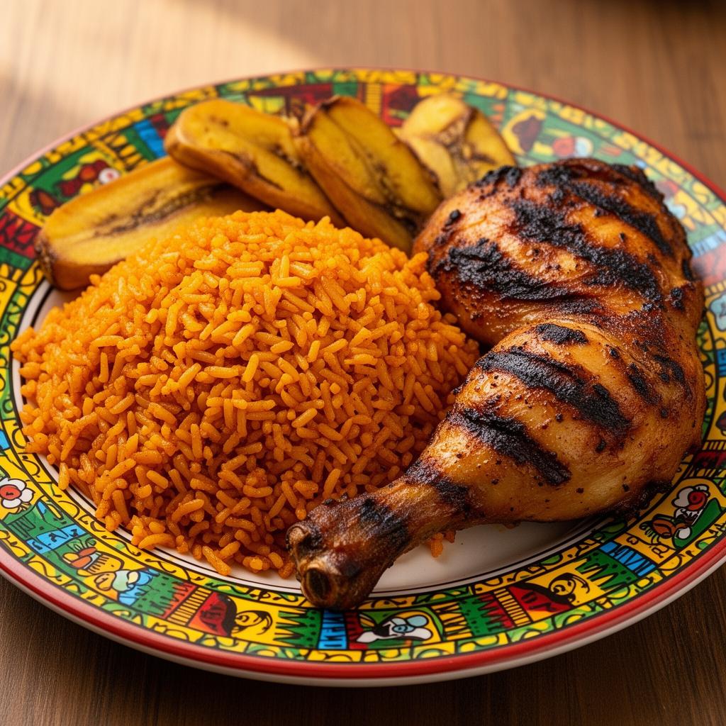 A plate of Ghanaian jollof rice with grilled chicken and fried plantain