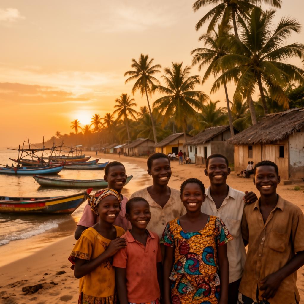 Smiling locals on a peaceful Ghanaian coastal village beach at sunset