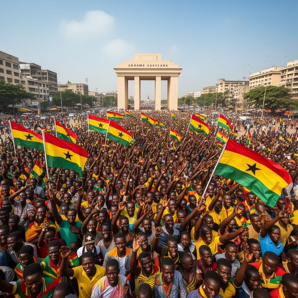 Huge crowd waving Ghana flags at Independence Square in Accra